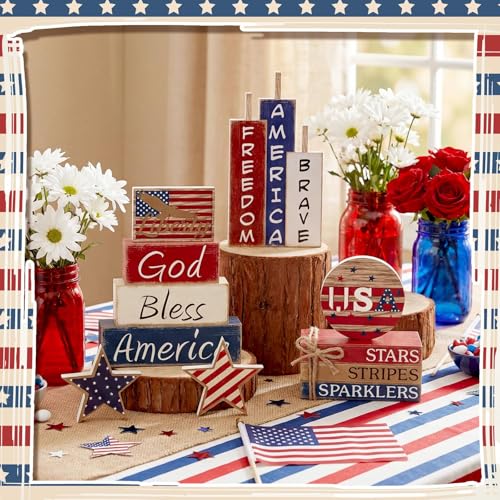Vercraft 11 Pcs 4th of July Decorations Patriotic Memorial Day Tiered Tray Decor Set Blue Red White Table Centerpieces Sign for Independence Day Office Tiered Tray Home Shelf 250th Anniversary - style: Patriotic