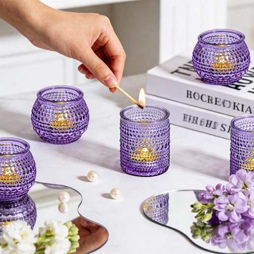 Rubtlamp Purple Votive Candle Holders Set of 24, Glass Candle Holders Bulk for Table Centerpiece, Tea Lights Candle Holder Glass for Wedding Shower, Home Party Decor - color: Purple