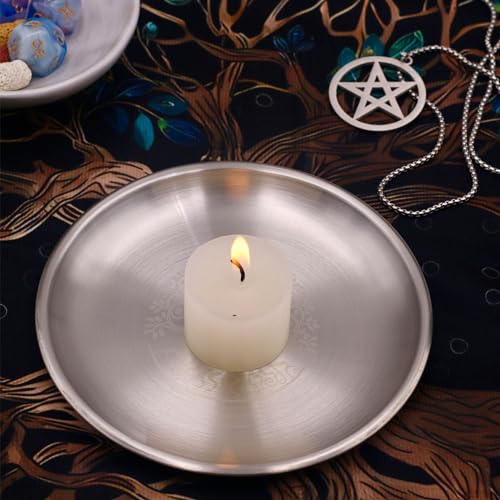 5.5inch Altar Ritual Plate Dish Stainless Steel Flat Bowl Round Metal Jewelry Tray Prayer Astrology Tarot Offering Plate Ring Trinket Holder for Smudging Decoration Trays Silver (Tree of Life Silver) - color: Tree of Life Silver