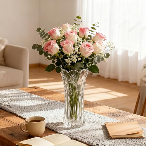 Dicunoy Set of 2 Glass Flower Vase, 9.5" Large Flower Vases for Centerpieces, Modern Clear Heavy Duty Crystal Tall Cylinder Flared Vase for Rose Bouquet, Home, Wedding, Living Room, Office