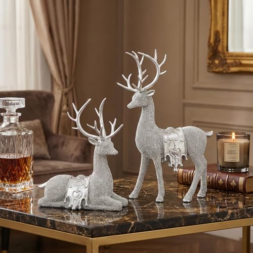 Set of 2 Modern Deer Statues for Home Decor, Handcrafted Resin Elk Sculptures with Intricate Beaded Texture, Elegant Animal Figurines for Living Room, Bookshelf, Office & Housewarming Gift - color: Silver