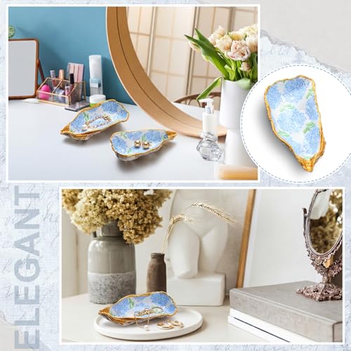 Natural Oyster Ring Trinket Dish Vintage Jewelry Tray for Keys Small Jewelry Holder for Bridal Shower Favors Friends Sisters Daughter Mother Gift Seaside Style Decor(Blue Hydrangea) - style: Blue Hydrangea