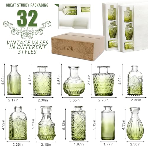 Arme Bud Vase Set of 32, Green Vases Glass Bud Vases in Bulk, Small Vases for Centerpieces Mini Flower Vase Set Cute Vintage Glass Vase Set for Flower Wedding Home Centerpiece Table Decorations - color: Green-32pcs, size: 32 Pcs