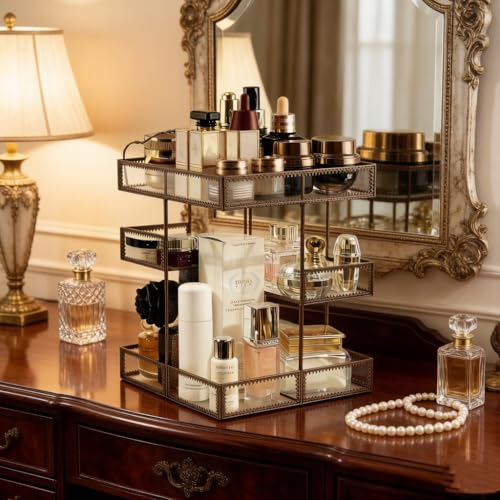 Hersoo 360 Rotating Glass Makeup Organizer, Spinning Vanity Cosmetic Storage with Multi-Layer Compartments, Luxury Countertop Rotating Makeup Holder for Skincare, Perfume, Cosmetics - color: Brass
