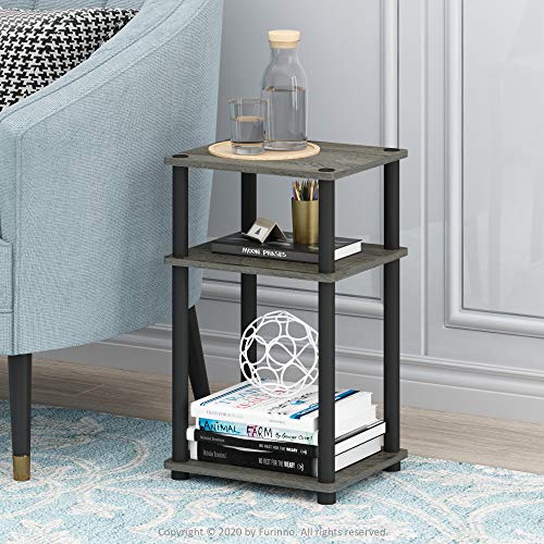 Furinno JUST Side Table Set of 2, 3-Tier End Tables, Open Shelves Night Stand, Nightstand, Toolless Assembly, for Living Room, Bedroom, French Oak - color: French Oak Grey/Black, size: 3-Tier, Round Pole, style: 2-Pack