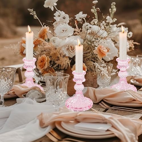 Glass Candlestick Holders Set of 2，Taper Candle Holders Fit 0.8 Inch Candles, Crystal Decorative Candle Stand Centerpiece for Table Wedding Dinning Party 4 Inch Tall (Pink) - color: Pink