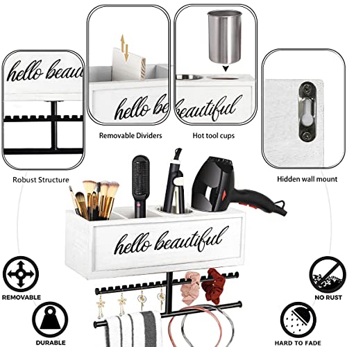 Rustic Hair Dryer Holder Wall Mounted,Hair Styling Tools & Accessories Organizer,Bathroom Supplies & hot Tools vanities Organizer Caddy,for Storage Flat Iron,Blow Dryer,Curling Iron (White) - color: White