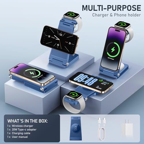 Magnetic Wireless Charger Stand, 3 in 1 Foldable Wireless Charging Station with 20W Adapter, Travel Charger for Multiple Devices for iPhone 17 16 15 14 13 12 Pro/Max/Plus/Mini, iWatch, AirPods - color: Blue