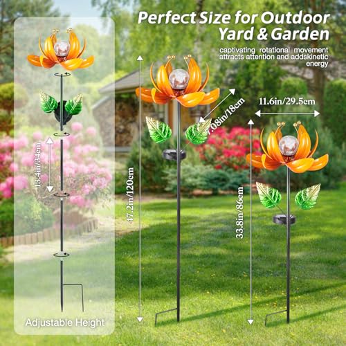 AIINY Outdoor Solar Lights Garden Decor,Wind Spinner Yard Decorations for Outside, Lotus Garden Windmill with LED Cracked Crystal Waterproof Flower Sculpture for Patio Lawn Gardening Gifts - color: Passionate Orange