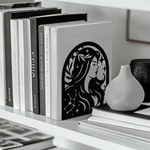 Peacoblue Metal Bookends for Shelves, Modern Decorative Heavy Duty Study Book Support Stoppers for Office, Desk, Shelf, Room 5.3"x4.3"x6.3" Cast Iron Simple Tall Bookends, 1 Pair (Virgo Constellation) - style: Virgo Constellation