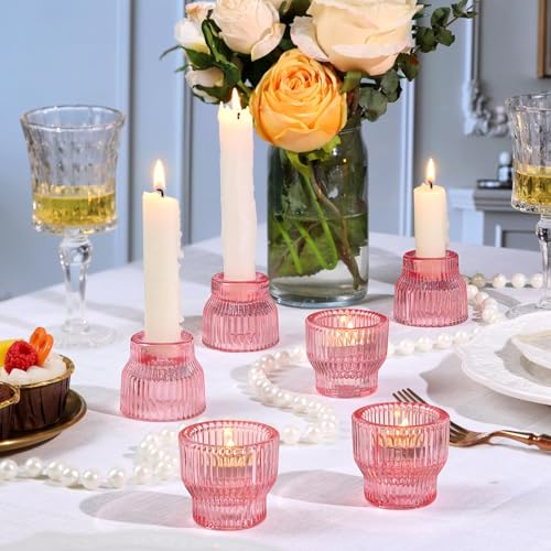 HAVITI 12 Pack PinkTaper Candle Holders, Glass Candlestick Holders, Tea Light Candle Holder for Fall Wedding Centerpieces Table Decorations, Votive Candle Holders for Table Decor - color: Pink