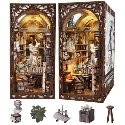 CCCDF DIY Book Nook Kit, 3D Wooden Puzzle for Adults, Teens, DIY Miniature Dollhouse Booknook Kit Bookend Bookshelf Insert Decor with LED Light (Bernini's Sculpture Workshop) - style: Bernini's Sculpture Workshop