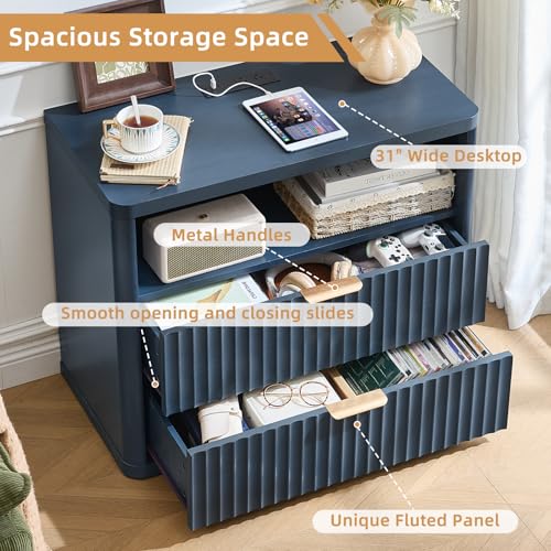 LEYAOYAO 31" Wide Fluted Nightstand with Charging Station, Oversized Extra Large 2 Drawers Night Stand,Blue Wood Bedside Table,Tall Bed Side End Tables,Modern Chest of Drawers Dressers for Bedroom - color: Blue, size: 2 Drawers