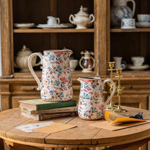 Vintage Colorful Flower Ceramic Vase with Handle, Retro Ice Glazed Crack Farmhouse Pitcher Vase for Home Decor, Living Room, Shelf, Office, Rustic Table Centerpiece 9 Inch - color: Phoenix Tail Flower, size: Large Pitcher