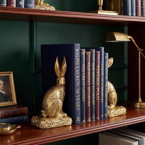 Rabbit Bookends, Decorative Bunny Book Ends for Shelves, Unique Rabbit Figurine Bookends, Heavy Resin Book Holder for Bookshelf Home Office Nursery Decor (Gold) - color: Gold