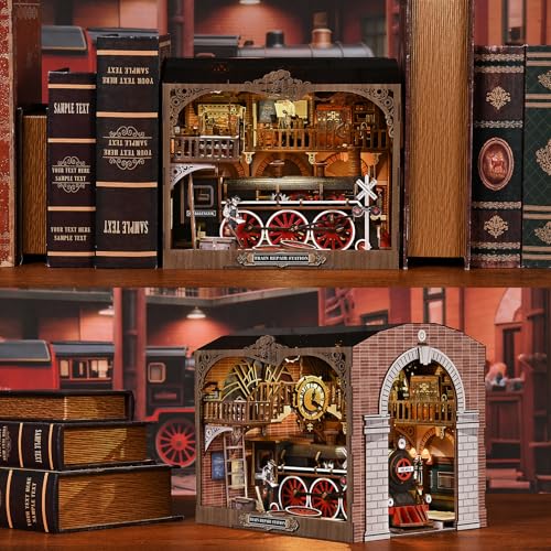 Book Nook Kit, Book Nook Kits for Adults DIY Booknook Model Build, DIY 3D Wooden Puzzle Bookend Booknook Bookshelf Insert Miniature Dollhouse Kit for Home Decoration - style: Train Repair Station