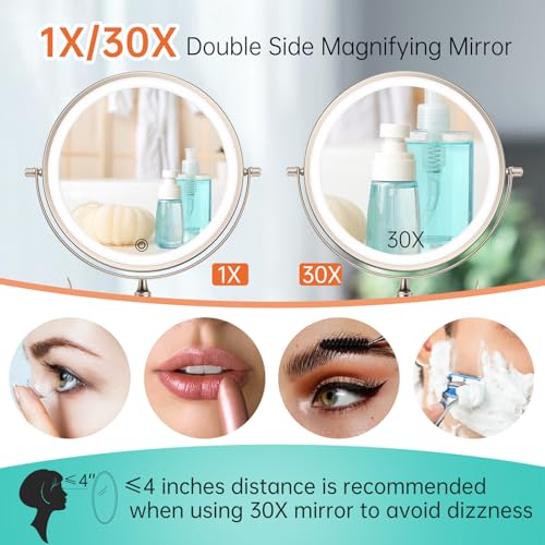 5000mAh Rechargeable Wall Mounted Lighted Makeup Vanity Mirror, Double Sided 1X 30X Magnifying Bathroom Mirror, 3 Color Lighting, Touch Screen Dimming, Extended Arm 360 Rotation Shaving Mirror - color: Brushed Nickel