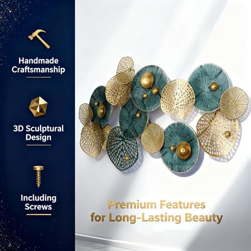 Large 3D Metal Wall Art, 50"L x 26"W Modern Blue & Gold Lotus Leaf Wall Sculpture, Luxury Coastal Home Decor for Living Room Bedroom, Elegant Gift for Housewarming Wedding Mother's Day for Homeowners