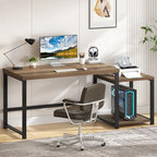 FOLUBAN 63 Inch Large Computer Desk with Printer Space & PC Tower Stand, Modern Wood Home Office Desk Workstation with Storage Shelves, Writing Study Gaming Table, Rustic Oak - color: Oak