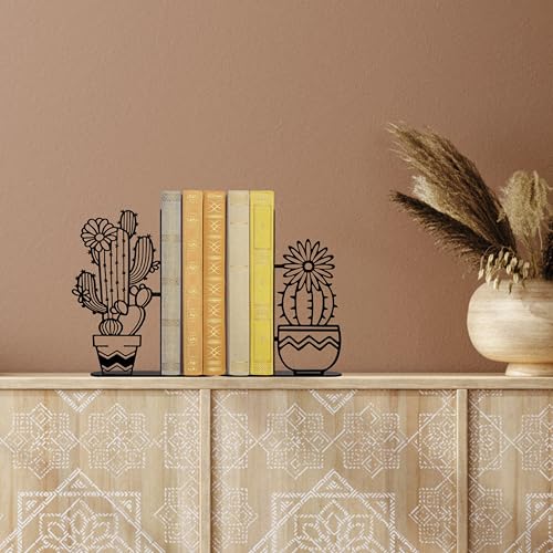 Metal Cactus Planter Book Ends, Dual Wave Pot Design Unique Cute Bookends with Rust Proof Coating, Home Office Decor & Gift for Book Lovers - color: Black