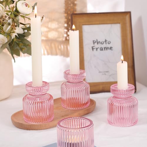 DARJEN 12 Pcs Glass Candlestick Holders- Pink Taper Candlestick Holders Tealight Votive Candle Holders for Table Centerpieces, Wedding, Dinner Party, Home Decor - color: Pink, size: 12Pcs