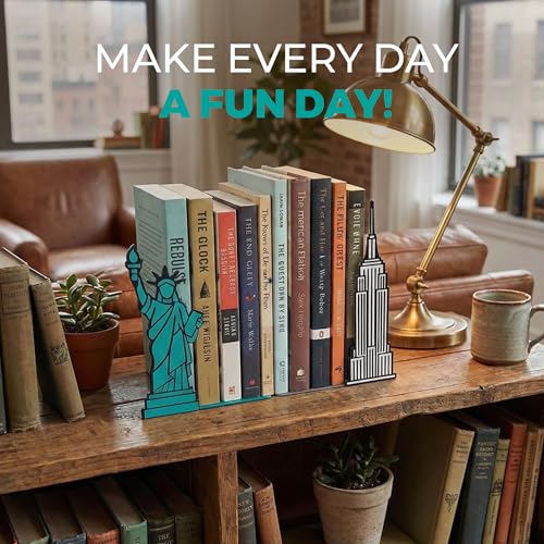 NYC Bookends with Statue of Liberty and Empire State Building Design - Steel with Epoxy Coating - Decorative Pair of Book Holders for Shelves, Desk, and Office - Geguton - color: Nyc