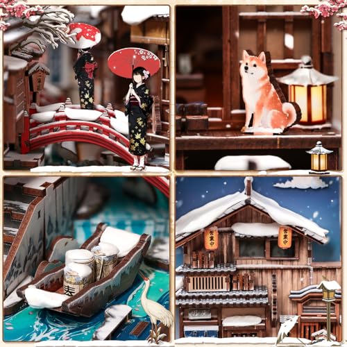 Fsolis DIY Book Nook Kit for Adults – Japan Booknook 3D Wooden Puzzles Japanese Winter Scene Miniature Model Mini Build House Craft Gift for Women Hobbies (Kyoto Snow Whisper) - style: Kyoto Snow Whisper
