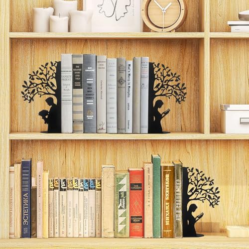 Tree of Life Bookends Decorative Couple Book Ends for Shelves, Black Metal Bookends for Heavy Books, Book Organizer for Desk Bookshelf Home Office Book Stopper Valentines Day Gifts for her - color: Black Tree