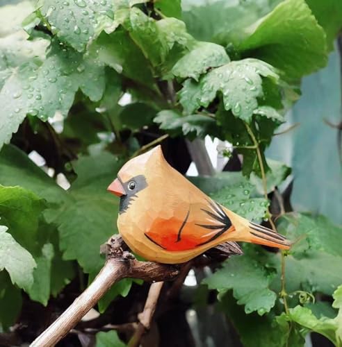 Handmade Wooden Northern Cardinal Figurine - 3.7" Hand-Carved Female Bird Statue - Solid Basswood Bird Sculpture for Home Decor, Christmas Ornament, Memorial & Bird Lover Gift - color: Yellow