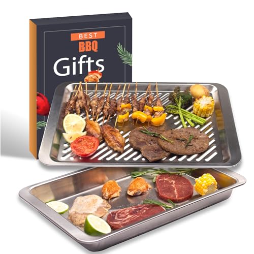 Grilling Prep and Serve Trays, Set of 2 Stackable Stainless Steel BBQ Trays, Deep Marinating Container, Serving Platter for Plating Food, BBQ Prep Tub for Marinating Meats, Grill Accessories - style: Deep Prep Trays
