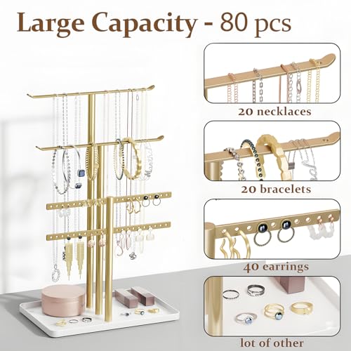 pickpiff Gold Jewelry Stand Holder Organizer: 12.5" Sturdy Hanger for 80 Pcs Jewelry, Jewlery Tower for Display Necklace, Earring, Bracelet, Watch - color: Gold, size: 12.5" Height