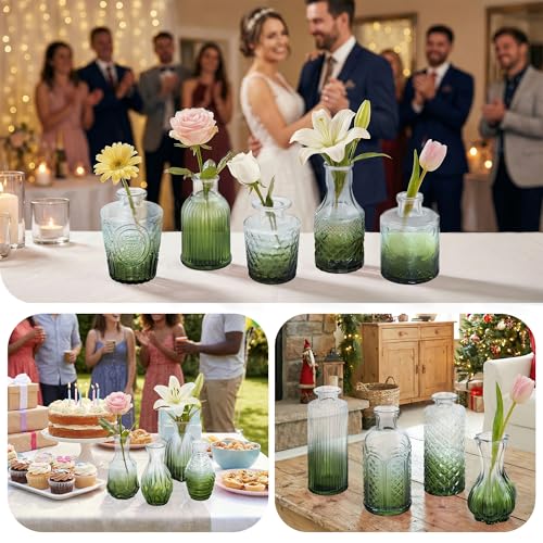Glass Bud Vases in Bulk Set of 17, Dark Green Small Mini Vases for Flowers, Vintage Vase for Centepiece,Wedding, Table Decor, Baby Shower, Christmas, Home and Events - color: Geen and White