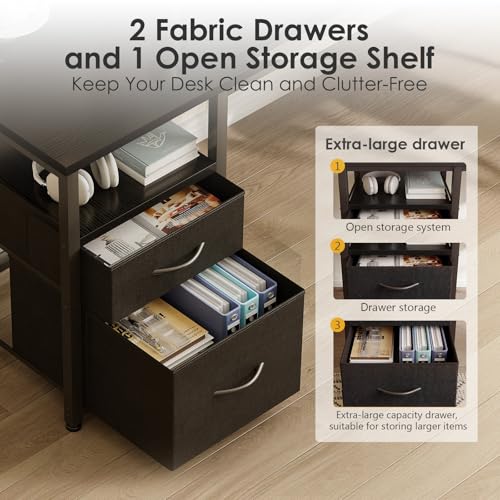 AODK 55 inch L Shaped Computer Desk with Drawers, Reversible Computer Desk with Storage Shelves, Home Office Desk with Built-in Power Outlet, Black - color: Black, size: 55 Inch