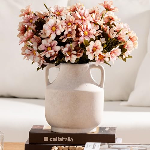 Mitt&Ditt Ceramic Flower Vase with Handles, 8 inch Tall Off-White Vase, Decorative Terracotta Vases, Farmhouse Rustic Pottery Vases for Home Decor, Living Room, Table - color: A-8"h-antique