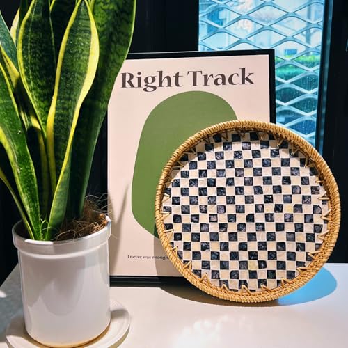 14-inch Rattan Checkered Tray with Mother of Pearl, Round Coffee Table Tray Decor, Round Wicker Boho Decorative Woven Serving Tray (Checkerboard) - color: Checkerboard, size: 14 inch