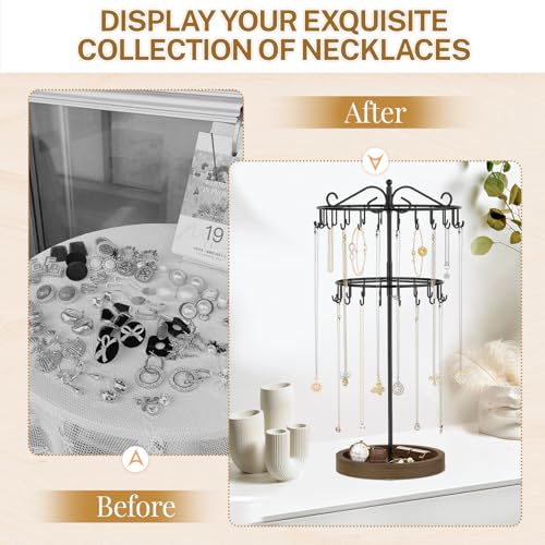 iDavosic.ly 2 Tier Rotating Necklace Holder Organizer with Wooden Jewelry Tray, Adjustable Metal Bracelet Display Stand with 42 Hooks, Extra Tall Keychain Spinning Tree Tower for Women, Black - color: Black with Wooden Tray