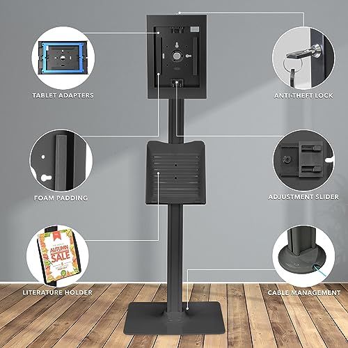 Mount-It! Anti-Theft iPad Tablet Floor Stand Kiosk with Literature Holder, Lockable Enclosure for iPad Gen 7–11, Pro & Air (A16), 90° Rotation & 75° Tilt, Commercial Kiosk Stand, Bolt Down Base, Black - color: Black