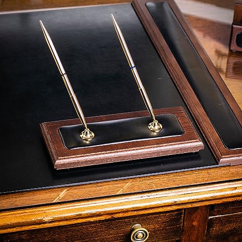 Dacasso Luxury Walnut & Black Leather Double Pen Stand with Rolling Ball Pen - Executive Desk Decor and Elegant Organizer