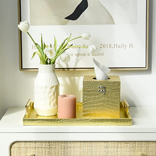 Set of 2 Modern Elegant Large Wood Serving Tray, Rectangle Decorative Tray Ottoman Tay Coffee Table Tray, Gold Crocodile Leather with Gold Polished Metal Handles - style: Golden Crocodile Tray