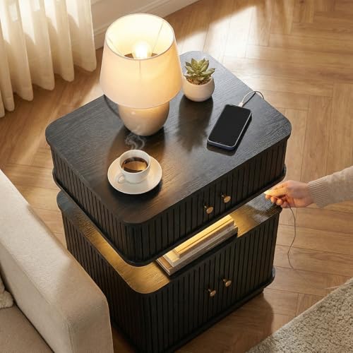 LED Light End Table with Charging Station, Black Smart Mid Century Bedside Table with USB Type A C Ports, Small Fluted Accent Control Nightstand with 2 Sliding Door for Living Room, Curvy Edge - color: Black