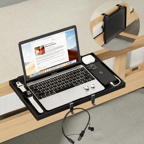 Magheo Foldable Bedside Shelf, Metal Clip-On Bunk Bed Table Shelf for Top Bunk Heavy Duty Bed Side Table Tray for College Dorm Room Essentials, Loft Nightstand Organizer Tray with 3 Cord Hole(Black) - color: Black, size: 14.76" x 9.68" x 0.79"