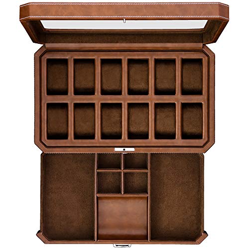 ROTHWELL 12 Slot Leather Watch Box with Valet Drawer - 12 Slot Luxury Watch Case Display Organizer, Microsuede Liner, Mens Accessories Holder, Jewelry Case, Jewelry Display Organizer (Tan/Brown) - color: Tan/Brown
