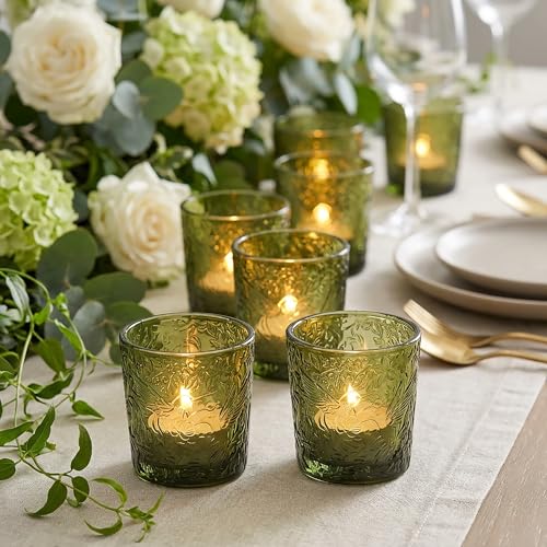 12 Pack Hummingbird Embossed Glass Candle Holders – Votive Tealight Holders with Patent Design, Decorative Embossed Glass Cups for Wedding Centerpieces, Parties, and Home Décor (Moss Green) - color: Moss Green