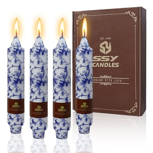 NJAO HOO Floral Taper Candles 7 Inch Short Candlesticks Hand Printed Blue and White Candlesticks Unscented Tapered Candle Set for Spring Home Garden Decor, 4Pcs - color: Blue White, size: 7 In