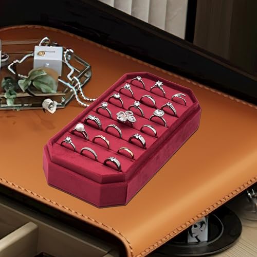 Velvet Ring Organizer Display Tray Jewelry Box Earring Holder Case for Wedding Birthday Christmas Day (Red) - color: Red