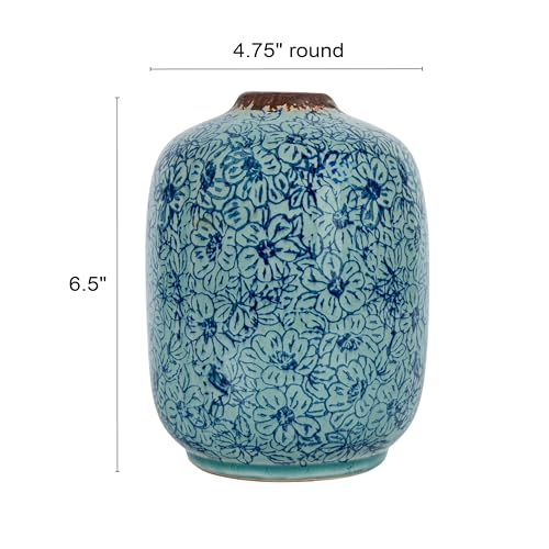 Creative Co-Op Decorative Round Terra-Cotta Vase with Floral Pattern with Distressed Finish, Blue