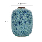Creative Co-Op Decorative Round Terra-Cotta Vase with Floral Pattern with Distressed Finish, Blue