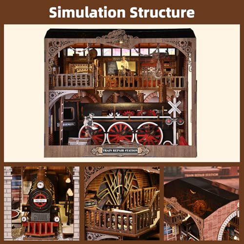 Book Nook Kit, Book Nook Kits for Adults DIY Booknook Model Build, DIY 3D Wooden Puzzle Bookend Booknook Bookshelf Insert Miniature Dollhouse Kit for Home Decoration - style: Train Repair Station