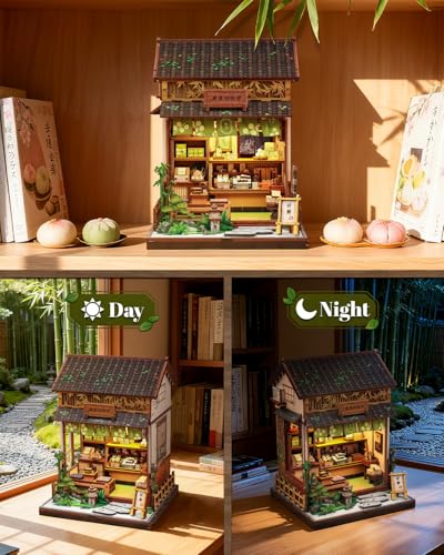 Book Nook Kit - DIY Miniature Japanese Wagashi Shop, 3D Wooden Puzzle Dollhouse with LED Lights, Tiny Bookend & Creative Bookshelf Decor, Craft Gift for Adults, Teens & Book Lovers - style: Wagashi Shop