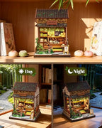 Book Nook Kit - DIY Miniature Japanese Wagashi Shop, 3D Wooden Puzzle Dollhouse with LED Lights, Tiny Bookend & Creative Bookshelf Decor, Craft Gift for Adults, Teens & Book Lovers - style: Wagashi Shop